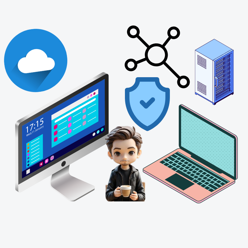 Monitor, laptop y logos de HTML, CSS, JavaScript y React.